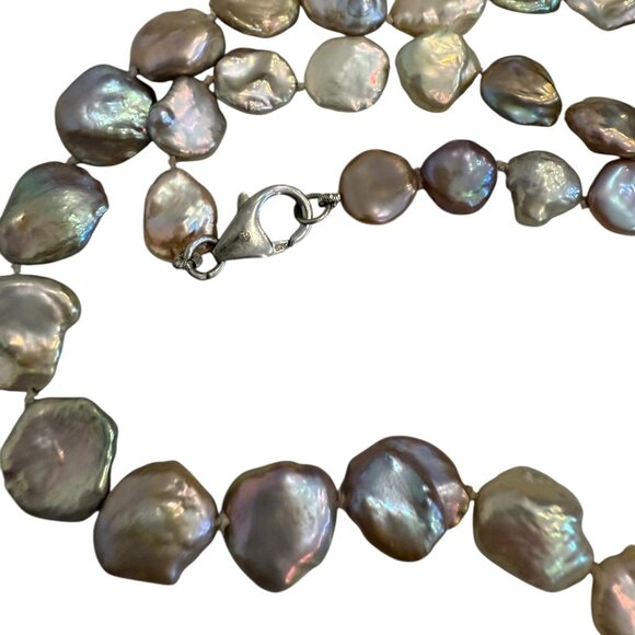 Keshi  Baroque Coin Pearls necklace Peacock Lavender Sterling Silver 9" Drop 18 - Picture 7 of 12